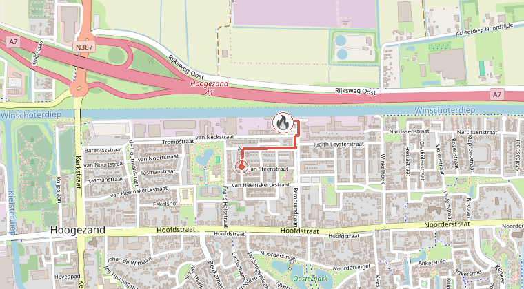 Kaart van de omgeving van de melding, met de kazerne die is gealarmeerd