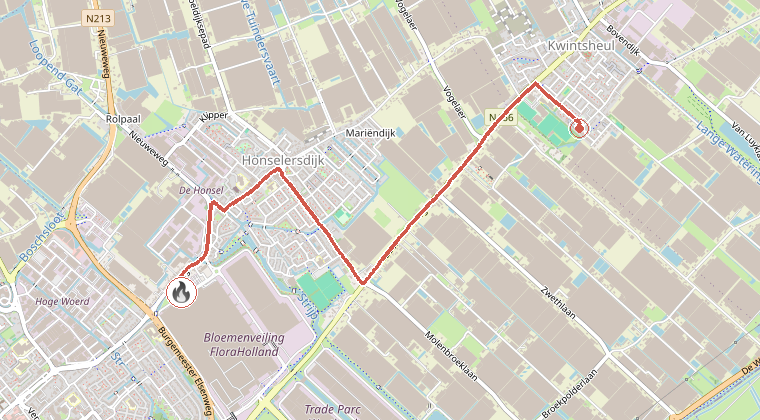 Kaart van de omgeving van de melding, met de kazerne die is gealarmeerd