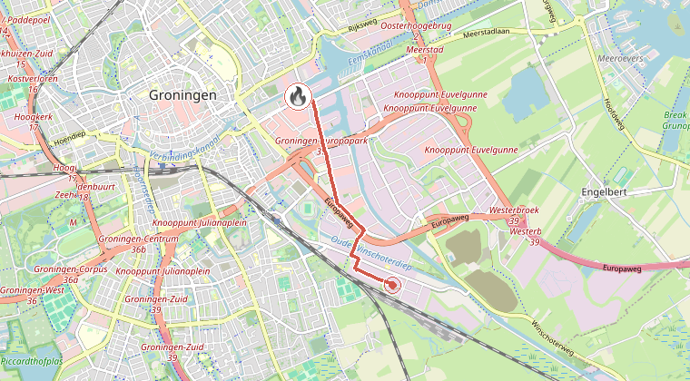 Kaart van de omgeving van de melding, met de kazerne die is gealarmeerd