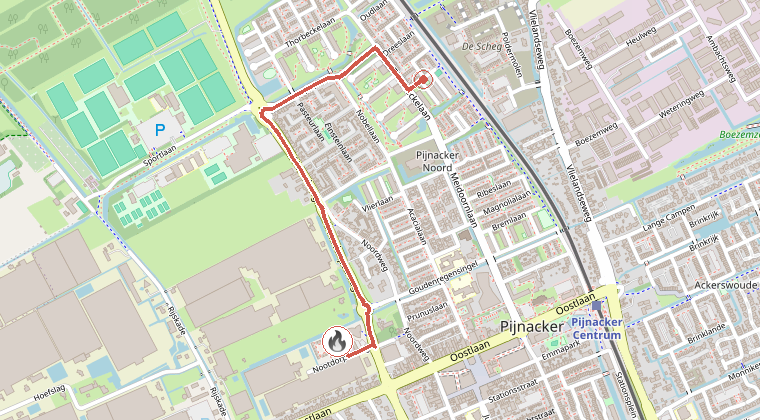 Kaart van de omgeving van de melding, met de kazerne die is gealarmeerd