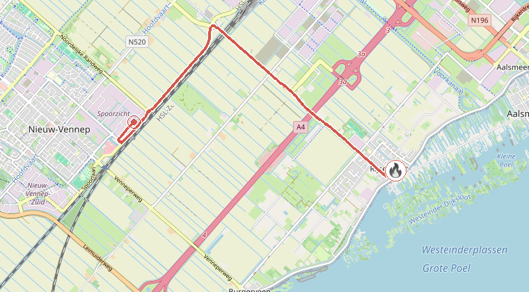 Kaart van de omgeving van de melding, met de kazerne die is gealarmeerd