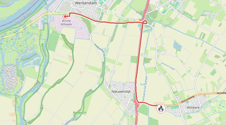 Kaart van de omgeving van de melding, met de kazerne die is gealarmeerd