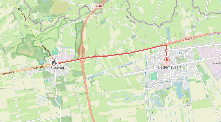 Kaart van de omgeving van de melding, met de kazerne die is gealarmeerd