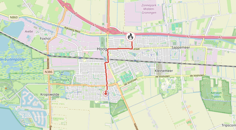 Kaart van de omgeving van de melding, met de kazerne die is gealarmeerd