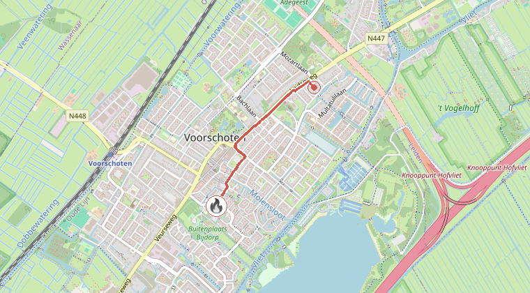 Kaart van de omgeving van de melding, met de kazerne die is gealarmeerd