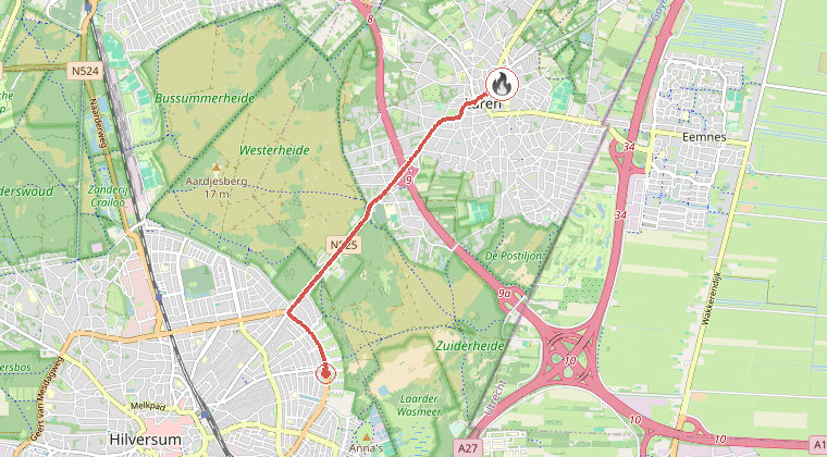 Kaart van de omgeving van de melding, met de kazerne die is gealarmeerd