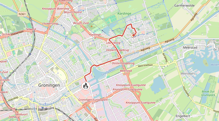 Kaart van de omgeving van de melding, met de kazerne die is gealarmeerd