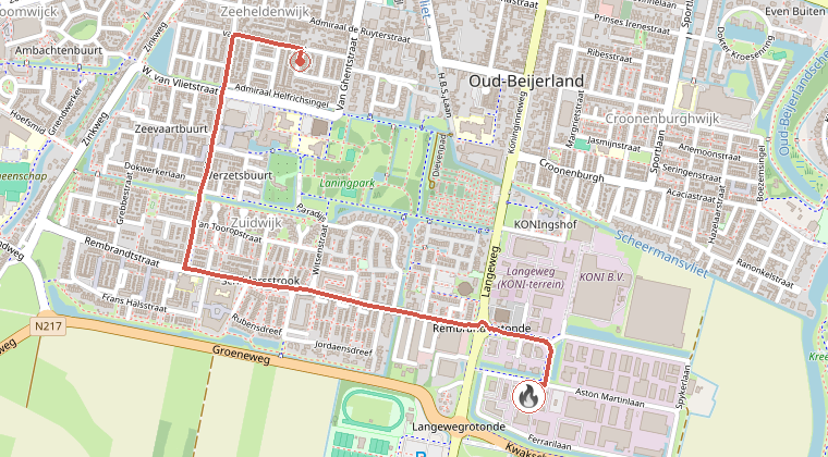 Kaart van de omgeving van de melding, met de kazerne die is gealarmeerd