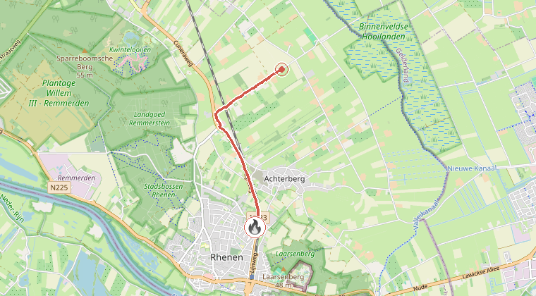 Kaart van de omgeving van de melding, met de kazerne die is gealarmeerd