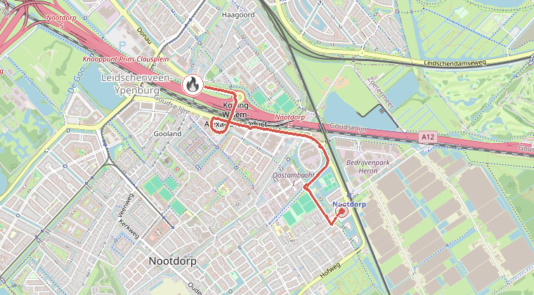 Kaart van de omgeving van de melding, met de kazerne die is gealarmeerd