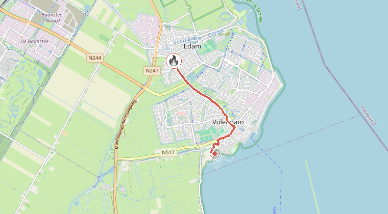 Kaart van de omgeving van de melding, met de kazerne die is gealarmeerd