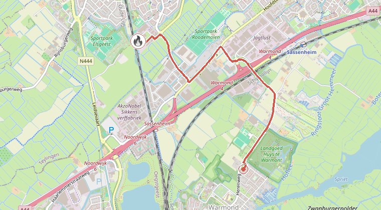 Kaart van de omgeving van de melding, met de kazerne die is gealarmeerd