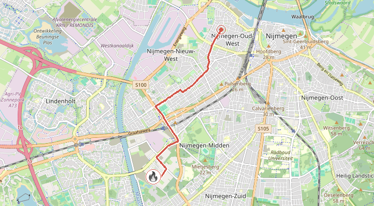 Kaart van de omgeving van de melding, met de kazerne die is gealarmeerd