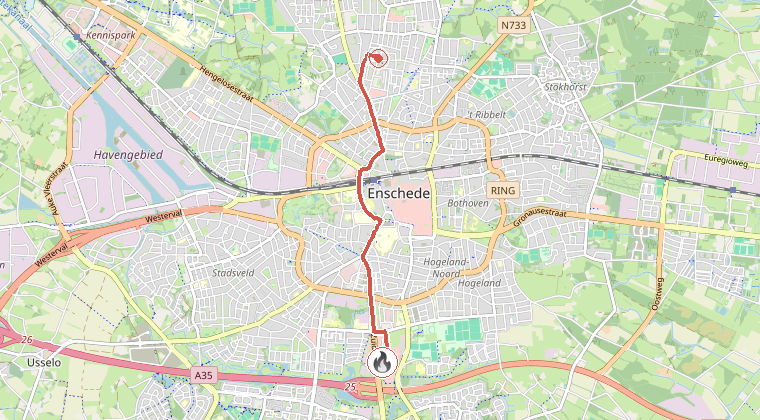 Kaart van de omgeving van de melding, met de kazerne die is gealarmeerd
