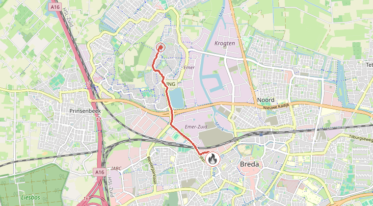 Kaart van de omgeving van de melding, met de kazerne die is gealarmeerd