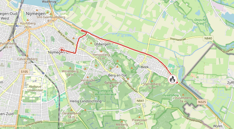 Kaart van de omgeving van de melding, met de kazerne die is gealarmeerd