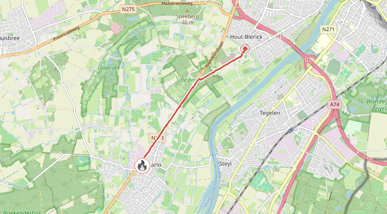 Kaart van de omgeving van de melding, met de kazerne die is gealarmeerd