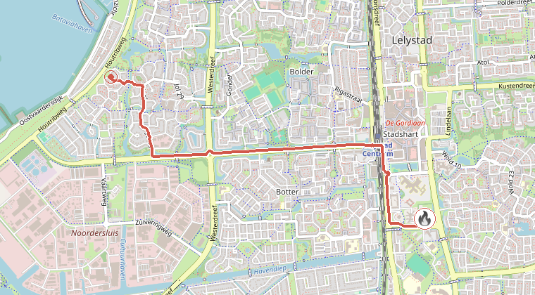 Kaart van de omgeving van de melding, met de kazerne die is gealarmeerd