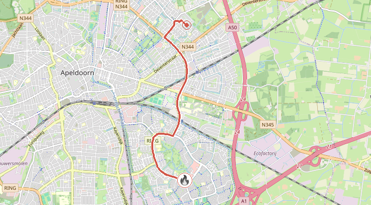 Kaart van de omgeving van de melding, met de kazerne die is gealarmeerd