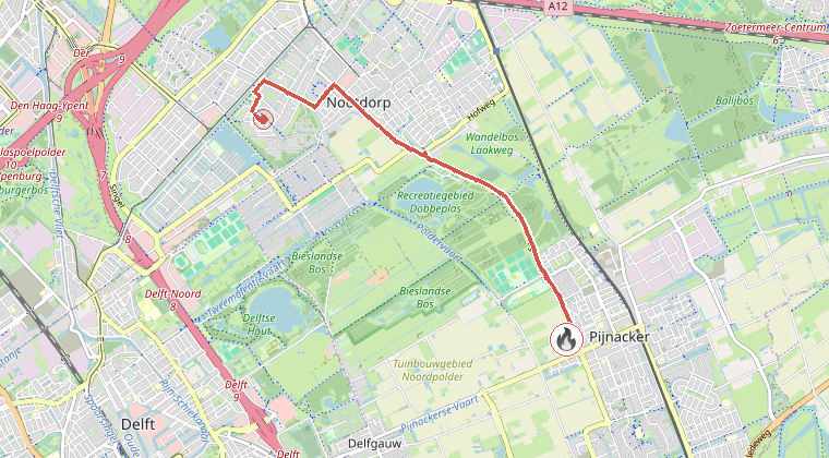 Kaart van de omgeving van de melding, met de kazerne die is gealarmeerd