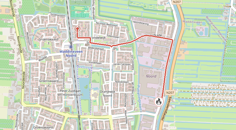 Kaart van de omgeving van de melding, met de kazerne die is gealarmeerd