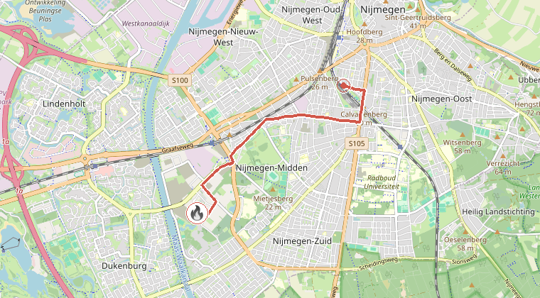 Kaart van de omgeving van de melding, met de kazerne die is gealarmeerd