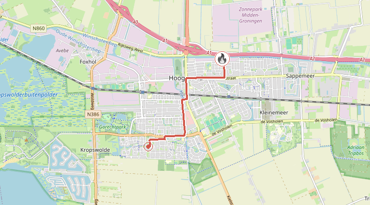 Kaart van de omgeving van de melding, met de kazerne die is gealarmeerd