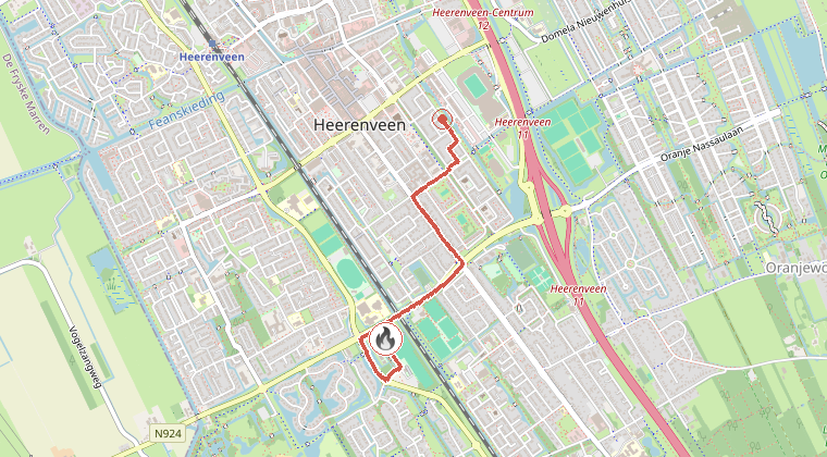 Kaart van de omgeving van de melding, met de kazerne die is gealarmeerd