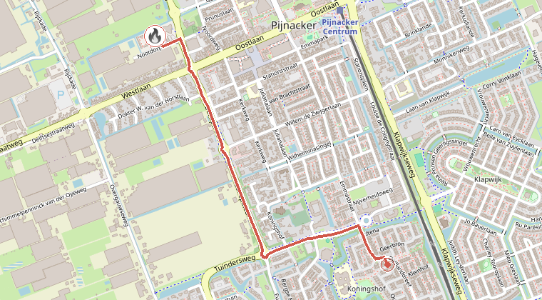 Kaart van de omgeving van de melding, met de kazerne die is gealarmeerd