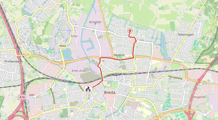 Kaart van de omgeving van de melding, met de kazerne die is gealarmeerd