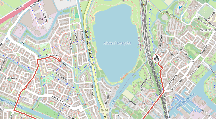 Kaart van de omgeving van de melding, met de kazerne die is gealarmeerd