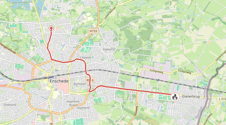 Kaart van de omgeving van de melding, met de kazerne die is gealarmeerd