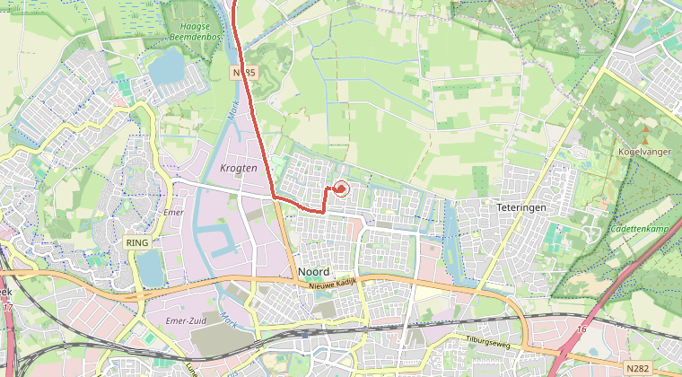 Kaart van de omgeving van de melding, met de kazerne die is gealarmeerd