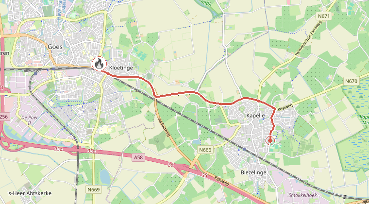 Kaart van de omgeving van de melding, met de kazerne die is gealarmeerd