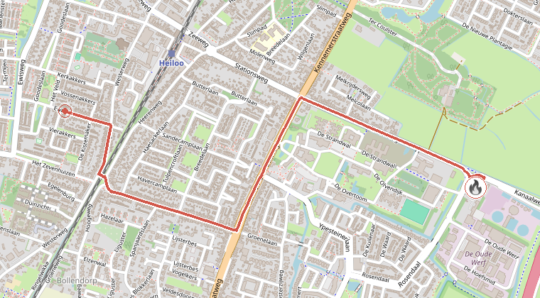 Kaart van de omgeving van de melding, met de kazerne die is gealarmeerd