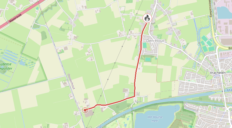 Kaart van de omgeving van de melding, met de kazerne die is gealarmeerd