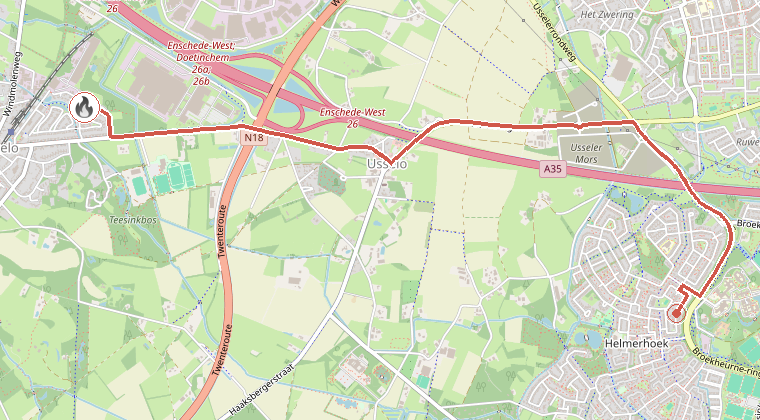 Kaart van de omgeving van de melding, met de kazerne die is gealarmeerd