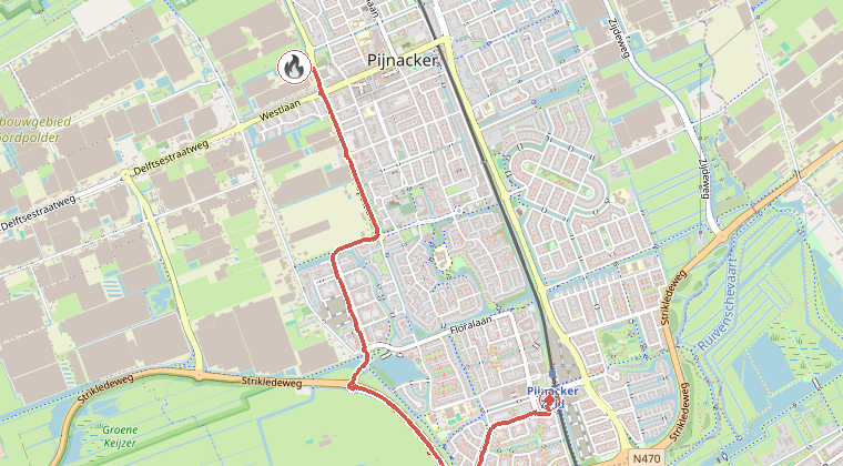 Kaart van de omgeving van de melding, met de kazerne die is gealarmeerd