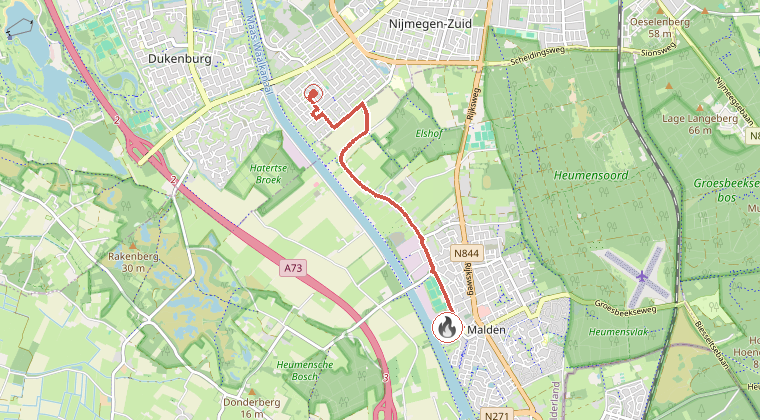 Kaart van de omgeving van de melding, met de kazerne die is gealarmeerd
