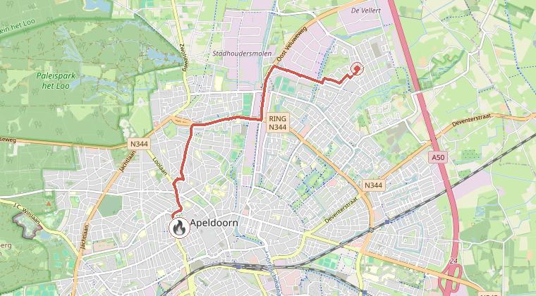Kaart van de omgeving van de melding, met de kazerne die is gealarmeerd