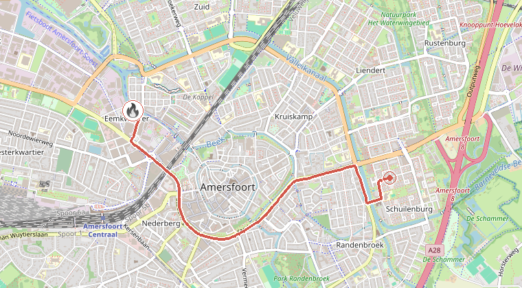 Kaart van de omgeving van de melding, met de kazerne die is gealarmeerd