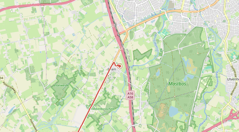 Kaart van de omgeving van de melding, met de kazerne die is gealarmeerd