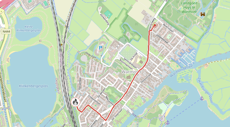 Kaart van de omgeving van de melding, met de kazerne die is gealarmeerd
