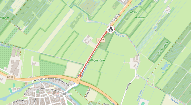 Kaart van de omgeving van de melding, met de kazerne die is gealarmeerd