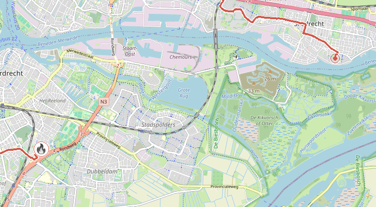 Kaart van de omgeving van de melding, met de kazerne die is gealarmeerd