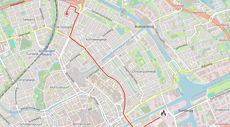 Kaart van de omgeving van de melding, met de kazerne die is gealarmeerd