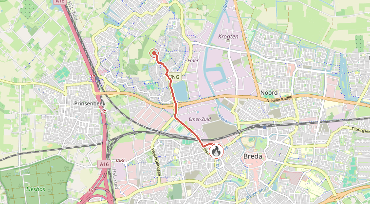 Kaart van de omgeving van de melding, met de kazerne die is gealarmeerd