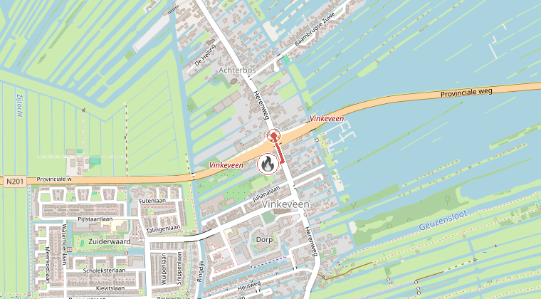 Kaart van de omgeving van de melding, met de kazerne die is gealarmeerd
