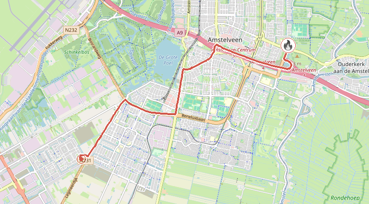 Kaart van de omgeving van de melding, met de kazerne die is gealarmeerd