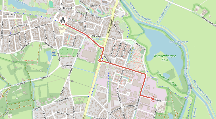 Kaart van de omgeving van de melding, met de kazerne die is gealarmeerd